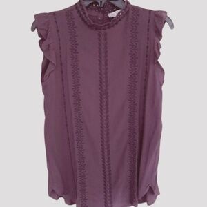 Loft Purple Eyelet Embroidered top flutter ruffle Sleeve Scalloped Hem Boho Chic
